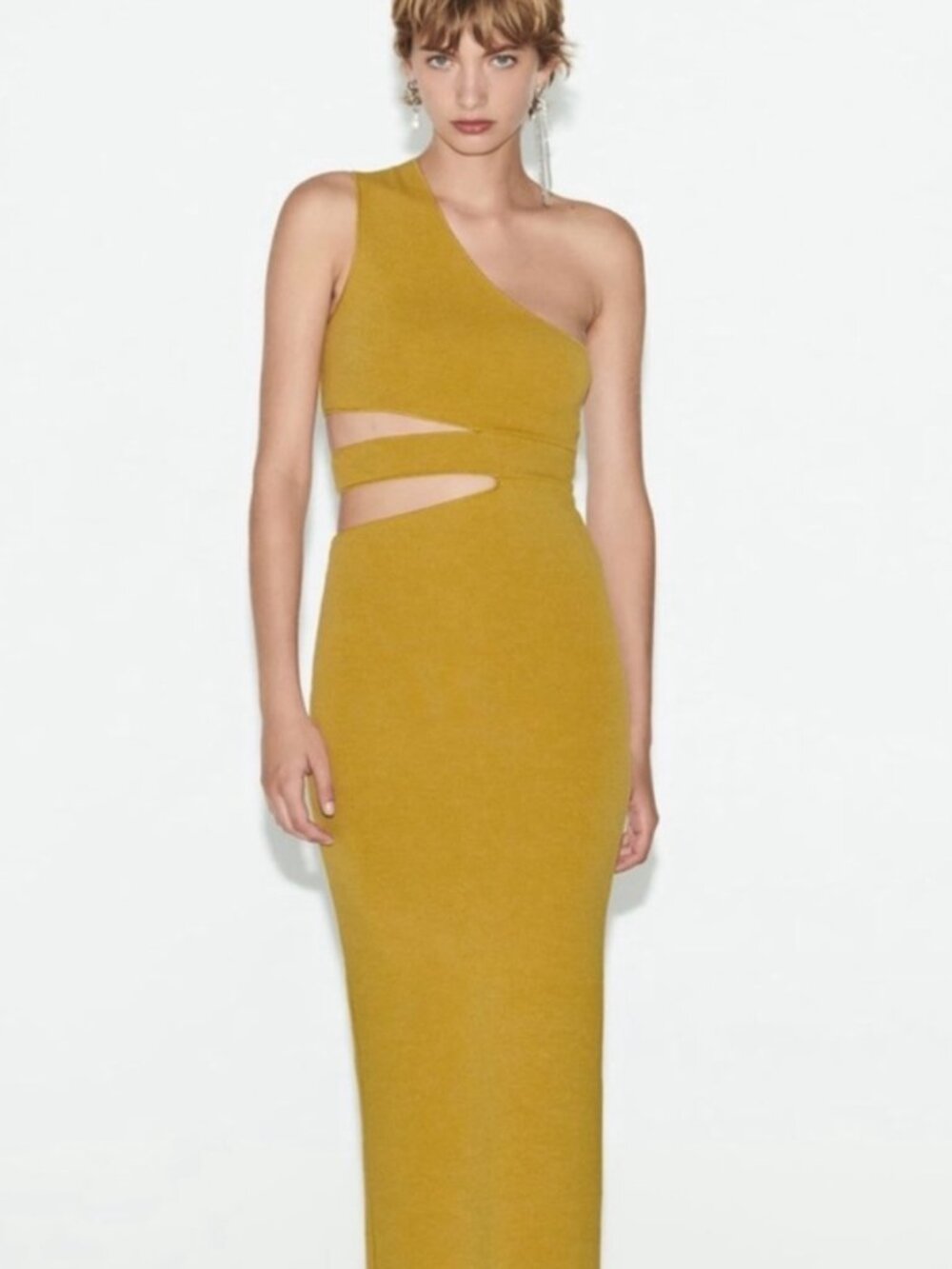 Zara Cut Out Fitted Knit Dress in Mustard - Size Medium